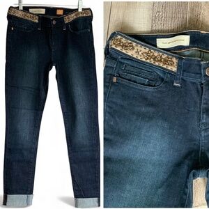 Anthropologie Stet Slim Straight Dark Wash Beaded Waistband Embellished Jeans 26